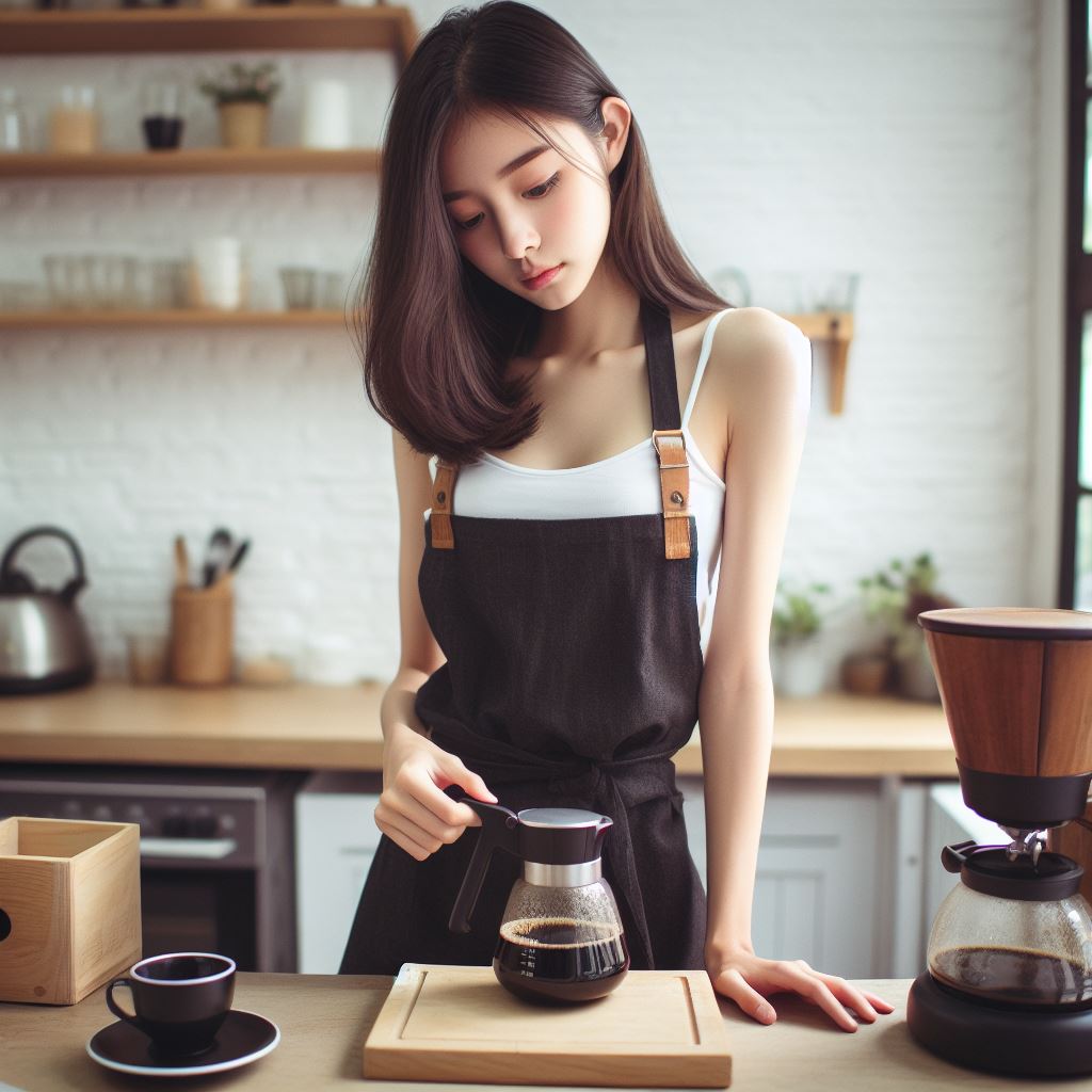 認真沖泡咖啡的少女